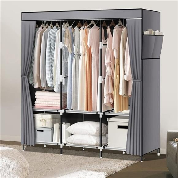 61Inch Portable Wardrobe with 3 Hanging Rods and 6 Storage Shelves, Grey - Picture 1 of 6